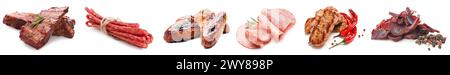 Collage von leckeren Fleischgerichten auf weißem Hintergrund Stockfoto