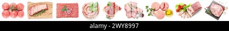 Set von frischem Fleisch auf weißem Hintergrund Stockfoto