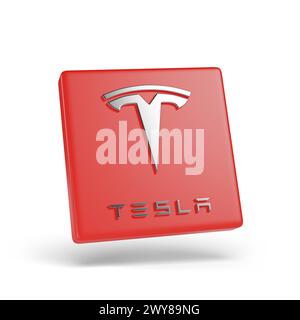 Buenos Aires, Argentinien - 3. April 2024: Tesla-Logo in drei Dimensionen isoliert auf weißem Hintergrund. 3D-Abbildung. Stockfoto