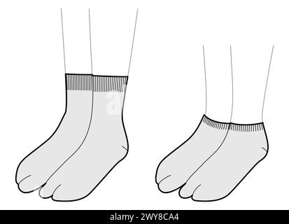 Set von Tabi Thong Socken Strumpfwaren niedrig, hoch knöchellang. Mode Accessoire Kleidung technische Illustration Strumpf. Vector 3-4 Ansicht für Männer, Frauen, Unisex-Stil flache Vorlage CAD-Modell Skizzenkontur Stock Vektor