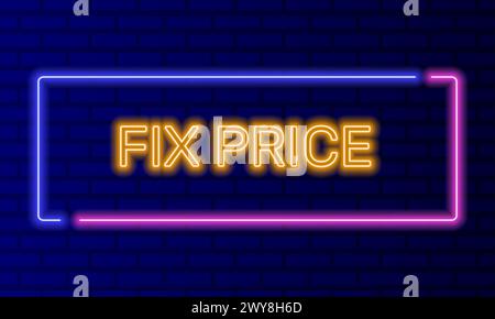 Neonzeichen fester Preis im Sprechblasen-Rahmen auf Backsteinwand Hintergrund Vektor. Helles Banner auf dem Hintergrund der Wand. Preisfestsetzung für günstige Produkte Stock Vektor