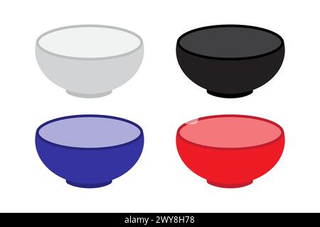 Set aus farbenfrohen Schalen. Küchenutensilien, Varieté-Paket. Weiße, schwarze, blaue, rote Schüsseln. Vektorabbildung. EPS 10. Stock Vektor