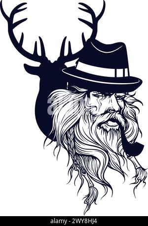 Genießen Sie den zeitlosen Reiz des Jägergeistes, der in diesem markanten Vektordesign mit einem robusten Gesicht und einer eleganten Pfeife festgehalten wird. Stock Vektor