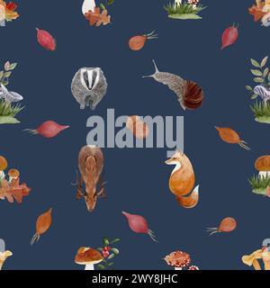 Herbst Wald Wildtiere und Pflanzen Aquarell nahtloses Muster auf Dunkelblau Stockfoto