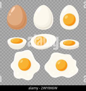 Vektor gebratenes Sunny-Side-Up Ei und gekochtes Ei Set, isoliert. Gesundes Frühstück, Proteinkost. Gesamte und in Scheiben geschnittene Egg Design-Vorlage Stock Vektor
