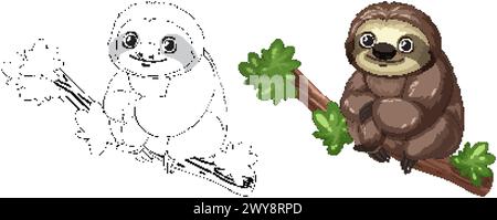 Zwei Cartoon-Faultiere mit fröhlichem Ausdruck auf Zweigen. Stock Vektor