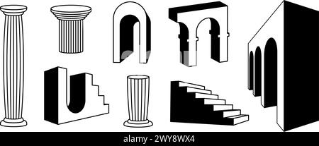Skizzieren Sie Bögen, Säulen und Treppenkollektion. Surreales griechisches Ruinelement-Set. Schwarze, kräftige 3D-Bogentüren Säulen, Treppen, Tore bündeln. Trippy Shapes Pack für Collage, Poster, Banner, Aufkleber. Vektor Stock Vektor