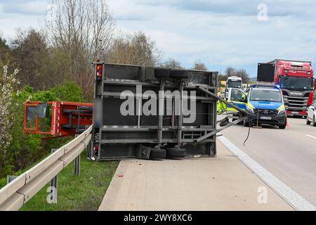 A14/Döbeln - LKW-Anhänger mit Arbeitsbühne kippt nach Unfall auf die Autobahn-Leitplanke: Autobahn voll gesperrt 03.04.2024 gegen 13 Uhr A14 Richtung Leipzig, zwischen Döbeln-Nord und Leisnig zu einem Unfall kam es am Mittwochmittag gegen 13 Uhr auf der A14 bei Döbeln. Nach ersten Angaben der Polizei war der Fahrer eines Lastwagens mit Anhänger und insgesamt zwei geladenen Arbeitsbühnen in Richtung Leipzig unterwegs, als ein anderer LKW ihn überholen will. Dabei war der LKW mit Anhänger vom anderen Brummi gestreift und geriet ins Schlingern. Der Anhänger samt Arbeitsbühne kippte schließlic Stockfoto