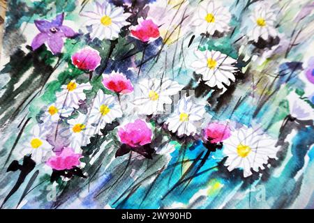 Künstlerhand gemalte originale Impressionismus-Meisterwerke Pinselstrich Kunst Aquarellmalerei Tinte Blütenblatt Blume botanische Blüte natürliche Schönheit Stockfoto