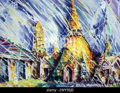 Künstlerhand gemaltes Impressionismus-Aquarellgemälde abstrakter Expressionismus-Hintergrund für Design thailändischer Tempel Buddhismus Gebet Verehrung Geschichte Kunstwerk Stockfoto