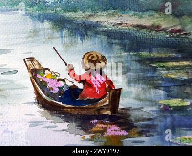 Handgemalte originale Meisterwerke des Impressionismus Maler zeitgenössische Kunst Aquarellmalerei ländliche Landschaft thailands Stockfoto
