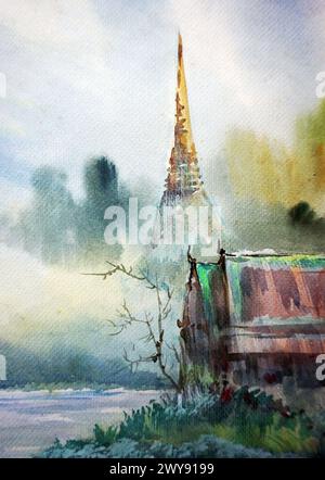 Handgemalte originale Meisterwerke des Impressionismus Maler zeitgenössische Kunst Aquarellmalerei ländliche Landschaft thailands Stockfoto