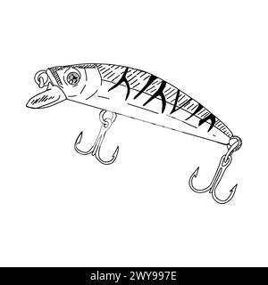 Fischhaken Minnow Vektor Illustration Tackle. Fliegen-Taubendreher-Köder-Fütterung. Zeichnung der Köderlinie. Silhouette der Tinte Schwarze Umrissgrafik. Angellöffel Stock Vektor