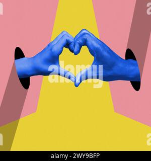 Poster. Zeitgenössische Kunstcollage. Zwei Hände, in blauem Schwarzweißfilter, der mit den Fingern eine Herzform erzeugt. Stockfoto
