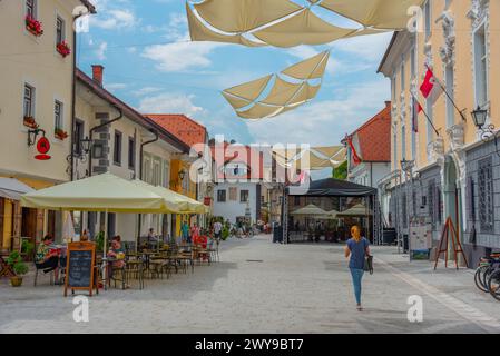 Radovljica, Slowenien, 19. Juni 2023: Menschen schlendern auf dem Linhartov trg Platz in Radovljica, Slowenien Stockfoto