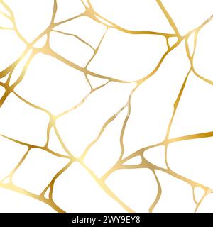 Gold Kintsugi Riss Reparatur Marmor Textur Vektor Illustration isoliert auf weißem Hintergrund. Gebrochenes Marmormuster mit goldenen Trockenrissen. Hochzeit Stock Vektor