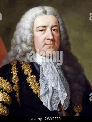 Henry Pelham (1694–1754), Whig-Politiker und Premierminister von Großbritannien 1743–1754, Porträtgemälde in Öl auf Leinwand von John Shackleton, um 1752 Stockfoto