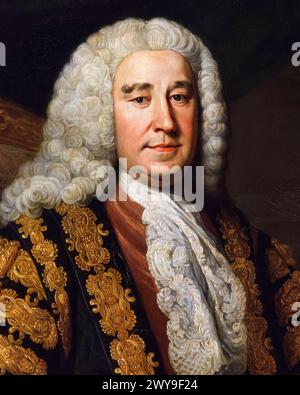 Henry Pelham (1694–1754), Whig-Politiker und Premierminister von Großbritannien 1743–1754, Porträtgemälde in Öl auf Leinwand von William Hoare, 1751 Stockfoto