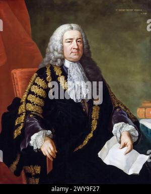 Henry Pelham, (1694–1754), Whig-Politiker und Premierminister von Großbritannien 1743–1754, Porträtgemälde in Öl auf Leinwand von John Shackleton, um 1752 Stockfoto