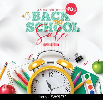 Back to School Sale Text Vektor Banner Design. Back-to-School-Angebot mit Wecker, Farbstift und Notizbuchelementen zum Einkaufen Stock Vektor