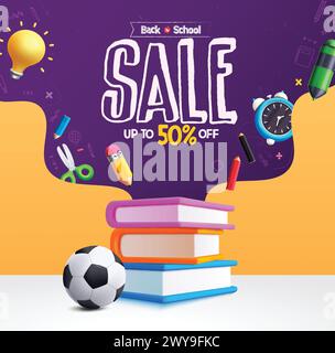 Back to School Sale Vektor Banner Design. Angebot für Schulen mit farbenfrohen 3D-Schulungsmaterialien und Lernartikeln für Shopping-Flyer Stock Vektor