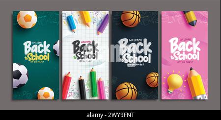 Back to School Gruß-Vektor-Poster-Set. Willkommen zurück in der Schule Text mit Fußball, Basketball und Farbstift Lernelemente zum Lernen Stock Vektor