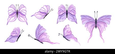 Flatternde rosa Schmetterlinge. Set von abstrakten tropischen Insekten in Aquarellen. Handgezeichnete Illustration des niedlichen Schmetterlings. Für Textilien, Hochzeitseinladung, Stockfoto