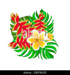 Blumenanordnung von tropischen Blumen und Blättern, handgezeichnete Illustration auf weißem Hintergrund. Exotische Plumerieblätter und Monsterablätter. Design Stockfoto
