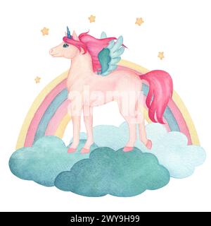 Aquarellillustration eines niedlichen stehenden Einhorns auf Wolken mit Regenbogen und Sternen in rosa und türkisfarbenen Farben. Märchen-Zeichentrickfigur Stockfoto