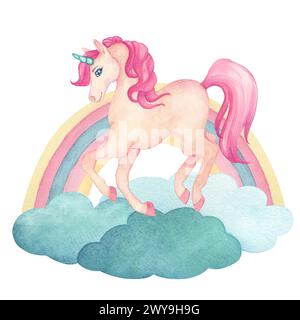 Aquarellillustration eines niedlichen springenden Einhorns auf Wolken mit Regenbogen in rosa und türkisfarbenen Farben. Märchen-Zeichentrickfigur Stockfoto