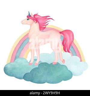 Aquarellillustration eines niedlichen stehenden Einhorns auf Wolken mit Regenbogen in rosa und türkisfarbenen Farben. Märchen-Zeichentrickfigur Stockfoto