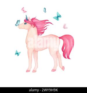 Aquarellillustration eines niedlichen stehenden Einhorns mit zarten Schmetterlingen in rosa und türkisfarbenen Farben. Märchenhafte Zeichentrickfigur zum Dekorieren Stockfoto