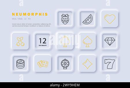 Casino-Symbolsatz. Kartenanzüge, Würfel, Spielautomaten, Gewinnen, Begeisterung, Diamant, Kirsche, Chips, Erdbeere, sieben, Verlauf, Spaten, Diamant, Herzen, cr Stock Vektor
