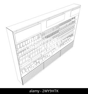 Umreißen Sie das Innere des Supermarkts mit Waren. Contour Supermarkt und Geschäft mit Regalen und Produkten. Vektorabbildung. Stock Vektor