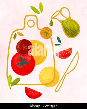 Poster mit Gemüse, Tomaten und Olivenöl, Messer und Brett auf weißem Hintergrund. Dekoratives Poster, handgezeichnet in flachem Stil. Geeignet für Stockfoto