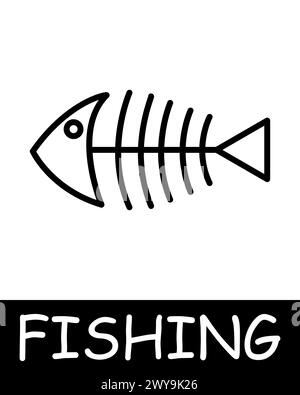 Fang, Fischen, Fischer-Symbol. Angelrute, Fischskelett, Köder, Unterwassertiere, Landschaft, Einfachheit, Silhouetten, Entspannung in der Natur, frisches A Stock Vektor