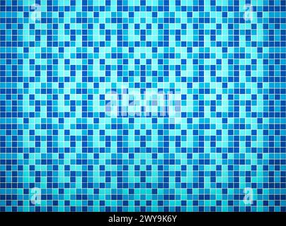 Unten am Pool mit blauem strukturiertem Hintergrund. Mosaikfliesen. Blick von oben Stockfoto