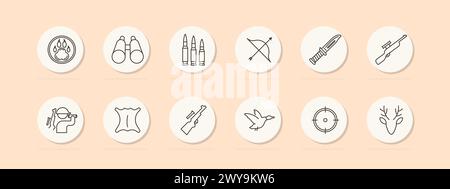 Symbol für Verfolgungsgruppe. Bärenpfotenabzeichen, Gewehr, Bogen, Hirsch, Haut, Messer, Kugel, Hörner, Fadenkreuz, Visier, Fernglas, Silhouette, Mann, Ente, Pastellfarben. Jagd Stock Vektor