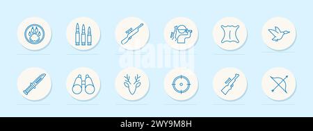 Symbol für Verfolgungsgruppe. Bärenpfotenabzeichen, Gewehr, Bogen, Hirsch, Haut, Messer, Kugel, Hörner, Fadenkreuz, Visier, Fernglas, Silhouette, Mann, Ente, blaue Farben. Huntin Stock Vektor