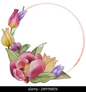 Rosafarbene Pfingstrosen, gelbe Tulpen, Fliederkerzen, Frühlingsblumen, Blütenblätter und Blätter sind in Aquarell auf weißem Hintergrund gemalt. Für Grafikdesign. Stockfoto