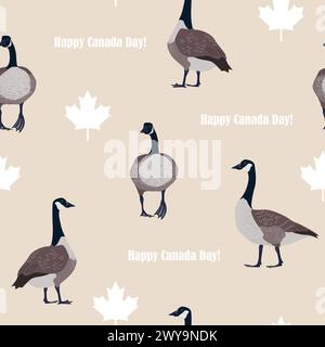Weiße Ahornblätter und kanadische Gänse auf beigefarbenem Hintergrund. Nahtloses Muster des Canada Day, Vektorillustration Stock Vektor