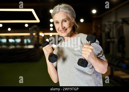 Fröhliche attraktive Seniorin in Sportbekleidung, die mit Kurzhanteln trainiert und in die Kamera blickt Stockfoto
