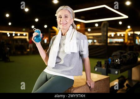 Ziemlich fröhlich reife Frau mit Handtuch und Flasche, die in die Kamera lächelte und sich nach dem Training entspannte Stockfoto