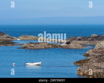 Kleines weißes Boot, das am Skerry Harbour, Portskerra, Nordküste Schottlands, vor Anker liegt Stockfoto