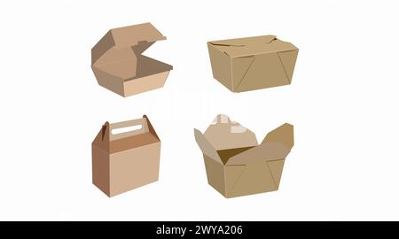 Vector isolierter Satz verschiedener Papierbeutel oder Take Away Boxen Stock Vektor