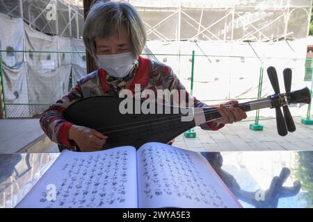 Eine ältere Frau spielt ein traditionelles chinesisches Streichinstrument mit einer Maske Stockfoto