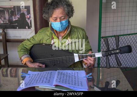 Eine ältere Frau spielt ein traditionelles chinesisches Streichinstrument mit einer Maske Stockfoto