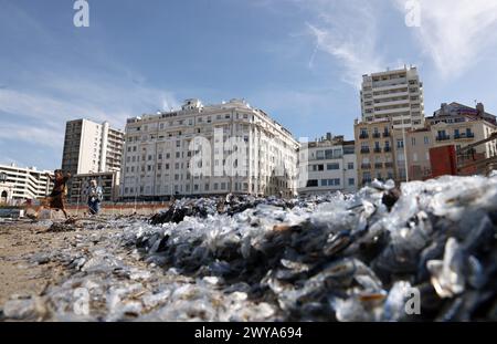 Marseille, Frankreich. April 2024. © PHOTOPQR/LA PROVENCE/Valerie Vrel ; Marseille ; 05/04/2024 ; des kolonies de vélelles, cousines des méduses, s'échouent sur des plages au Large de la Méditerranée. Am 21. märz 2024, de petits organismes bleus semblables à des méduses, s'échouent sur les plages de Marseille à la Côte d'Azur, il s'agit de 'vélelles'. ICI sur la plage des Catalans à Marseille. Marseille, Frankreich, 5. april 2024 Quallenkolonien (Velella velella), Wash up on Beaches off the Mediterranean Credit: MAXPPP/Alamy Live News Stockfoto