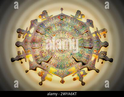 Ein koronartiges Fraktalmandala zeigt ein kaleidoskopisches Array von Regenbogenfarben auf einem kreisförmigen Verlaufshintergrund, das Energie und Komplexität ausstrahlt. Stockfoto