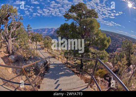 Treppe führt hinunter zum Trailview Overlook East Vista am Südrand des Grand Canyon, abseits der Hermit Road, Grand Canyon, UNESCO-Weltkulturerbe, Arizo Stockfoto